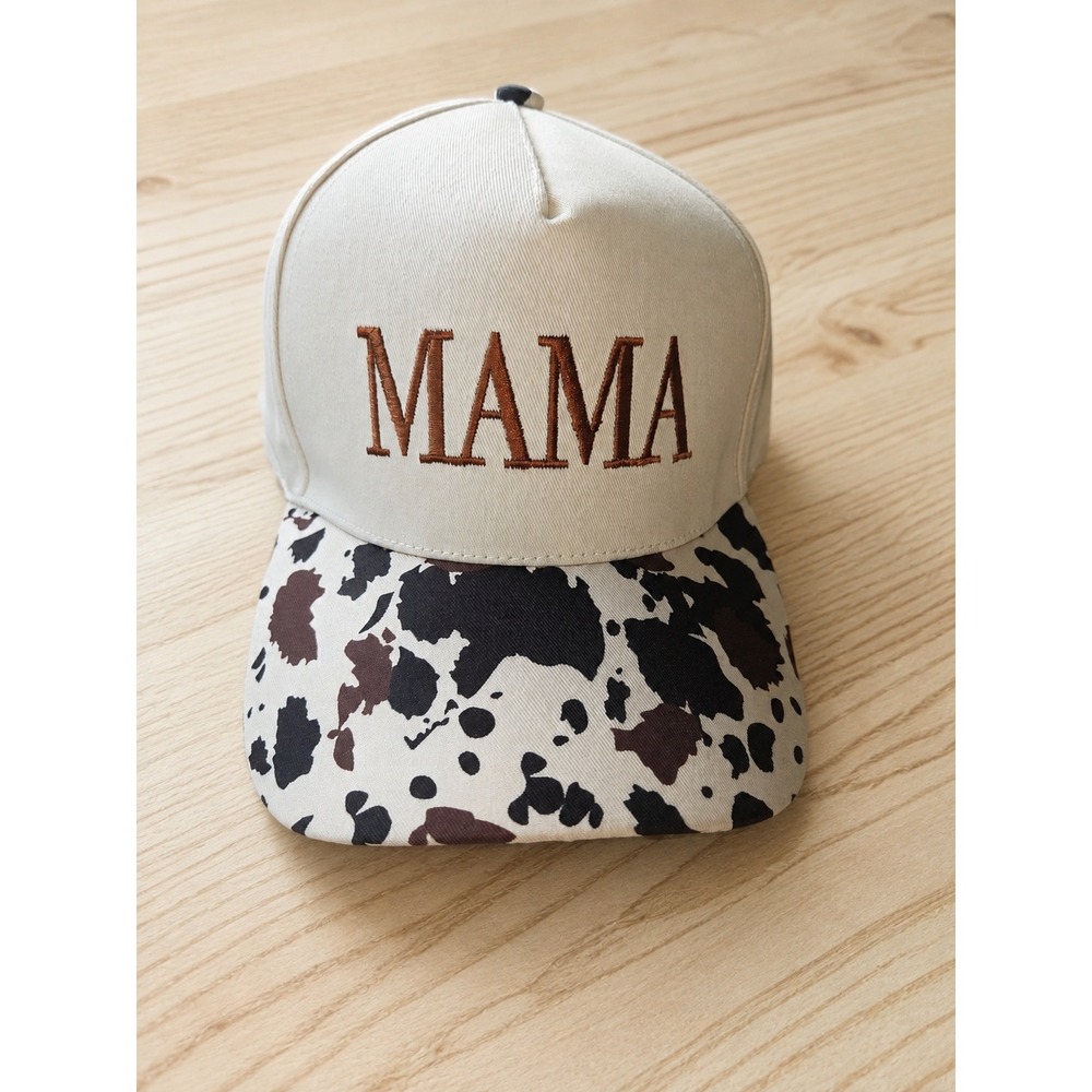 Zenana MAMA Cow Print Baseball Cap Cream Brown Embroidered Adjustable Hat New